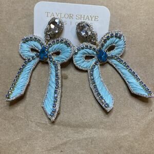 Taylor Shaye Aqua Turquoise & Clear Rhinestones Bow Drop Post Earrings